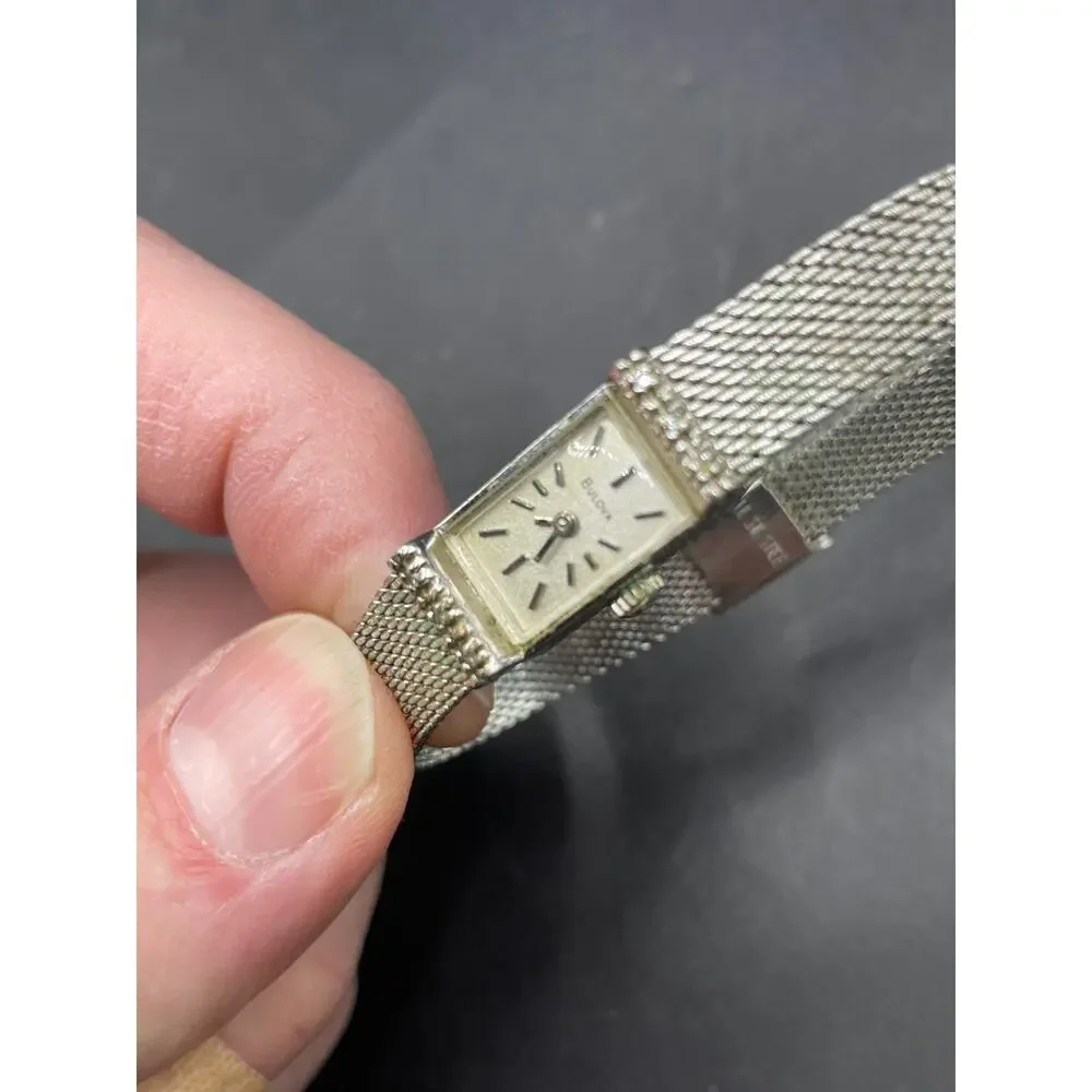 Vintage BULOVA N9 Women Watch Mechanical Silver Tone Diamond Bezel 10.4MM